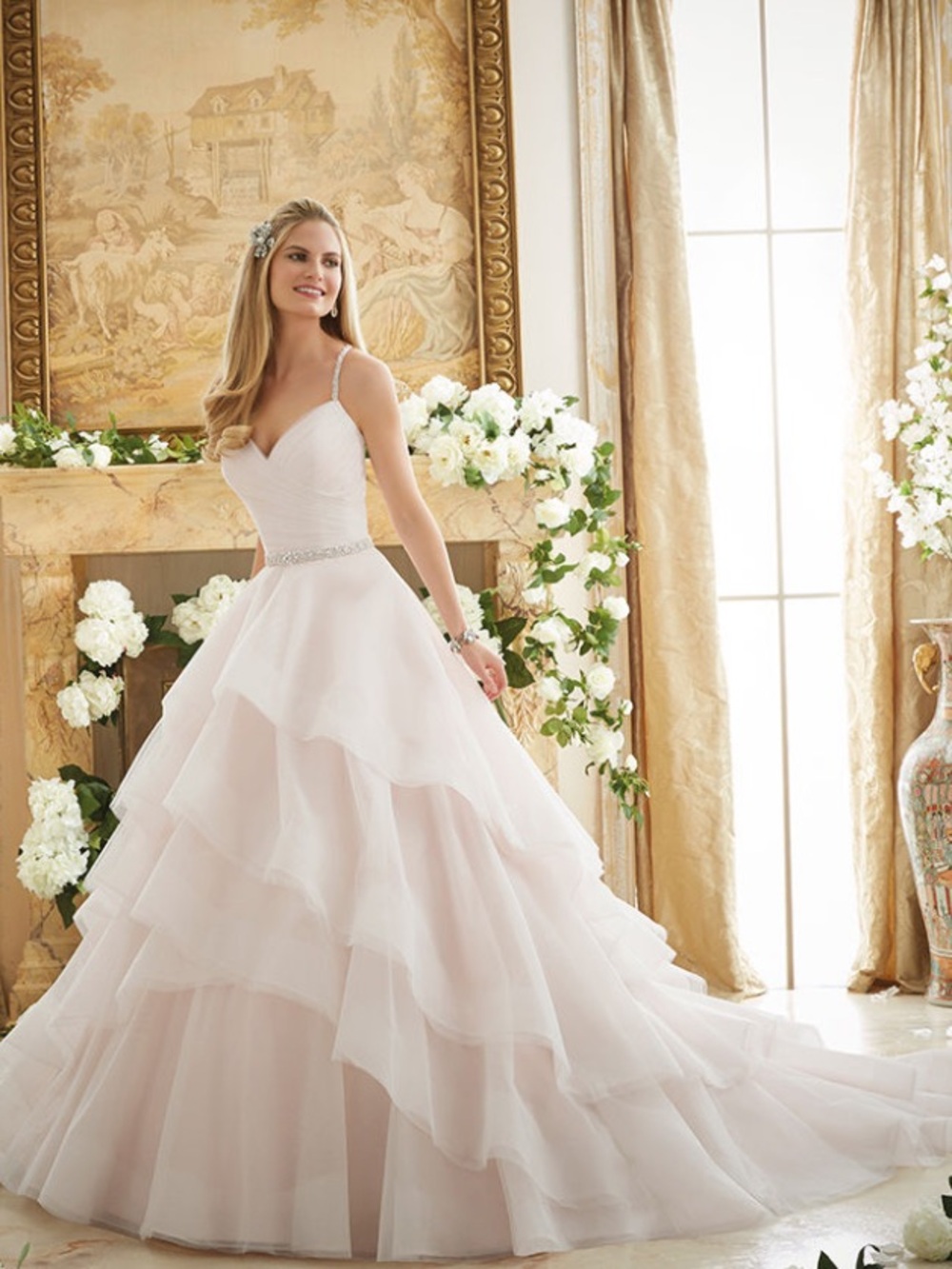 MORI LEE Weadding Dress 2873 Off-White USA 8 Crystal Beaded Tulle Ball Veil